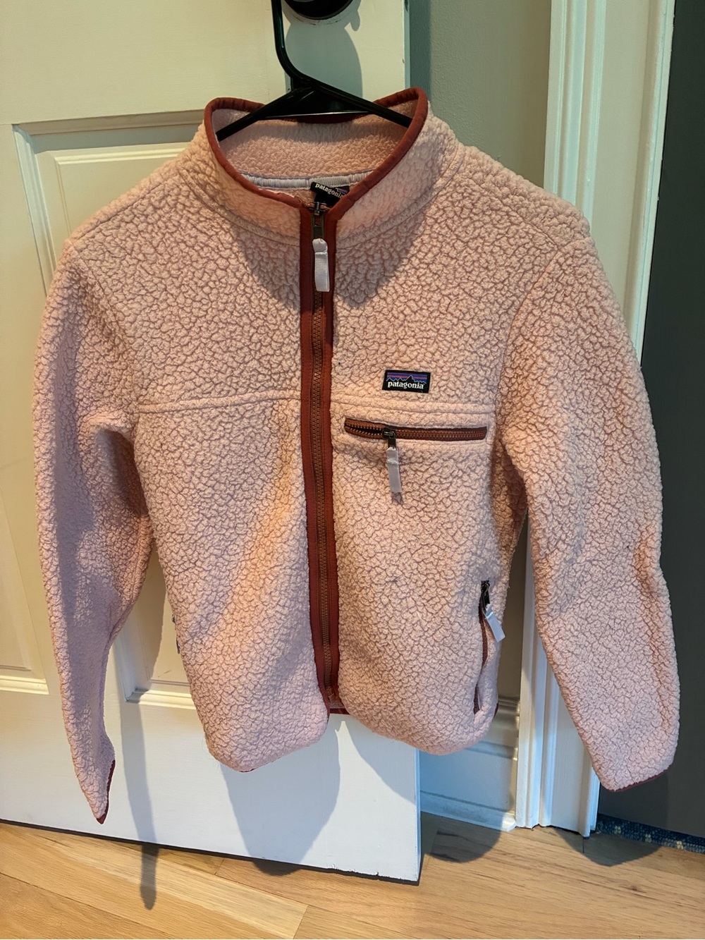 Patagonia Kids Pink Sherpa Fleece Jacket with Rust Trim